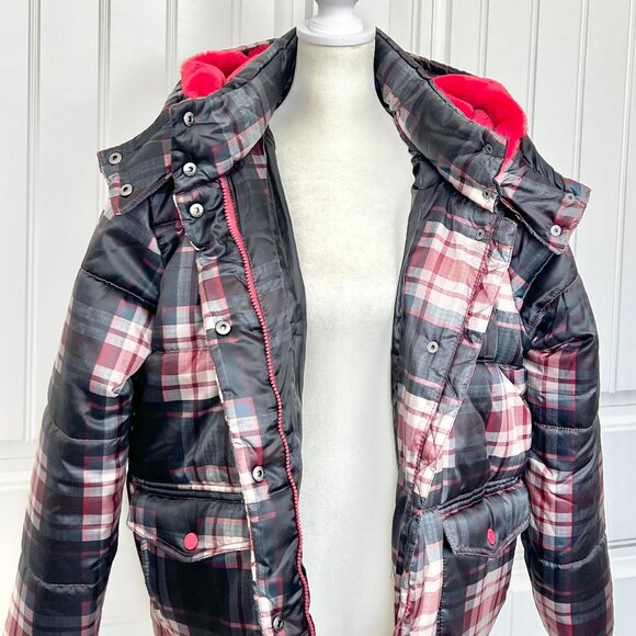 Urban Republic Women's Black & Red Plaid Faux Fur-Lined Hooded Puffer Jacket- Lg - Picture 2 of 12